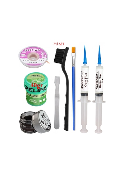 Relıfe Rl-402 Krem Lehim 183 C 40gr Havya Uç Temizleyici Flux Lehim Toplama Cp-2015 Emme Teli Fırça Yedili Set02