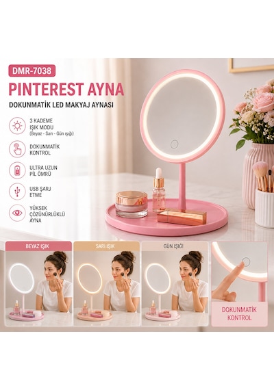 Yuvarlak 3 Kademe Dokunmatik Led Makyaj Aynası Beyaz-sarı-günışığı 5523 Açık Gold