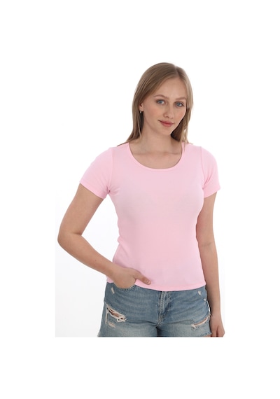 Monox Kadın Fitilli Likralı Pamuk Basic Tshirt Pembe