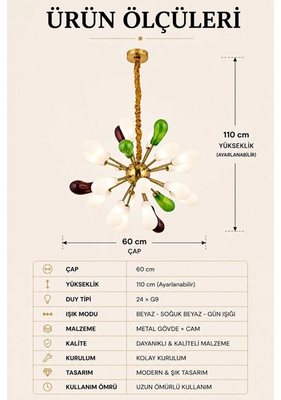 Modern Premium 24'lü Avizesi Çok Kollu Sarkıt 110 Cm Ampül Hediyeli Mutfak Salon Modelleri G9 Duy Gold