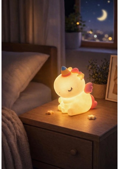 Rose Teknoloji Oturan Unicorn Dokunmatik Gece Lambası 3 Kademeli Otomatik Kapanma Özellikli Yumuşak Işık Beyaz