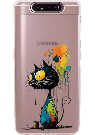 Samsung Galaxy A90 İle Uyumlu Splash Kedi Tasarımlı Şeffaf Silikon Kılıf Şeffaf