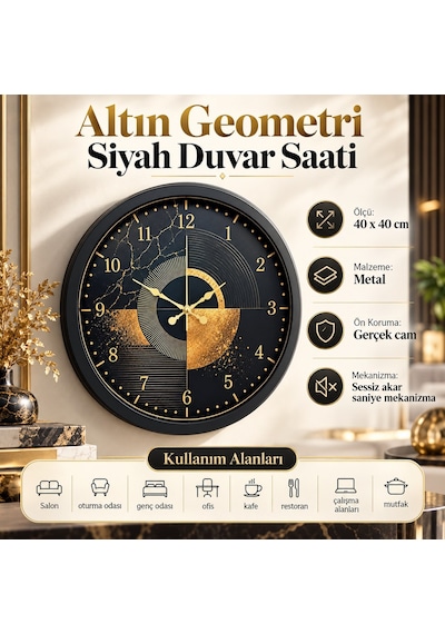 Altın Geometri 40 X 40 Cm Siyah Metal Duvar Saati