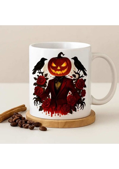 Halloween Ruhu Balkabağı Desenli Kupa Işıkla Beliren Korku Teması Beyaz