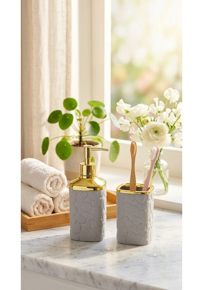 Makri Home 5 Parça Banyo Seti, Kalp Desenli, Gri Gold, Kare, Click Kapaklı, Hacim: 8 Litre Altın - Gri