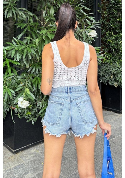 WeShaya Ekru Rahat Kesim Ajurlu Triko Askılı Crop Bluz Ekru