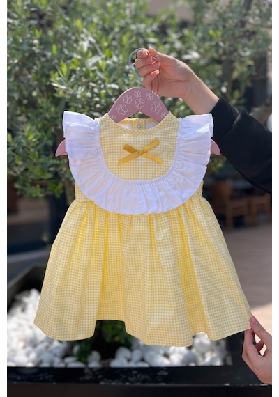 Fırfır Ve Kurdele Süslemeli Pötikare Sarı Kız Çocuk Bebek Elbise 001