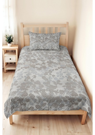 Gri Botanik Tek Kişilik Pike Takımı-minimal Yaprak Antrasit Bej 160x220 Cm Kapitone Yatak Örtüsü Melez Kulübe Dengesi