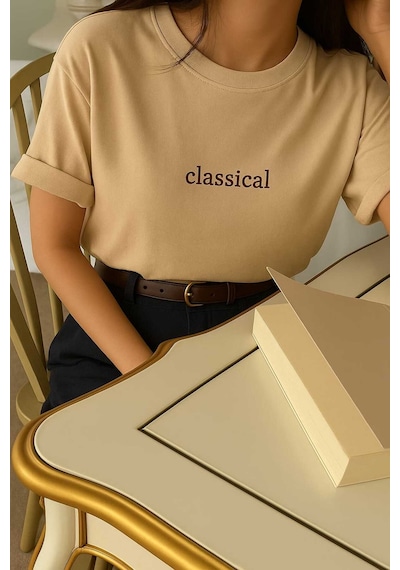 Classıcal Baskılı Oversize Unisex Tişört Bej