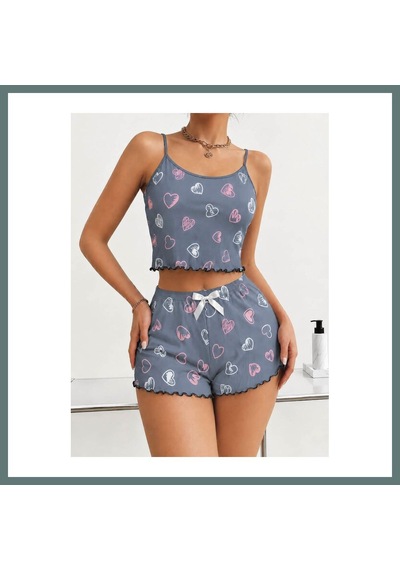 Bezos Kadın Gri Kalp Desenli Dantel Askılı Şortlu Pijama Takımı 5265 Beden: L/xl Renk: Gri Ventra