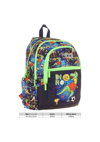 Kauıkko Kids Siyah Yeşil Dinazor Baskılı Erkek Çocuk Okul Çantası - L5266 - Dört Gözlü Siyah - Yeşil