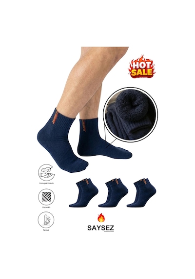 Saysez 3 Çift Termal Erkek Kışlık Patik Yarım Konç Havlu Kalın Çorap Dikişsiz Lacivert Renk Premium Pamuk Lacivert