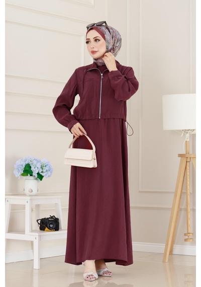 Sevitli Cep Detaylı Cepkenli Ela Elbise-bordo-5078