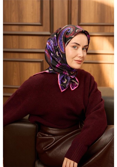 Silk Home Twill İpek Eşarp Siyah-fuşya Desenli Tok Duruşlu 90x90 Çok Renkli
