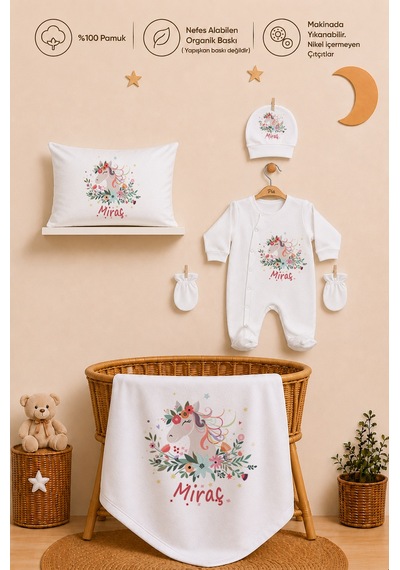 Pia Baby İsme Özel 5 Parça Kız Bebek Hastane Çıkışı Tulum Seti %100 Pamuk Organik Baskılı 2076tyb0x Ekru
