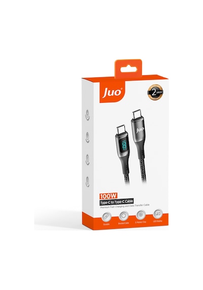 Juo 100W 5A Qc4.0 Dijital Led Ekranlı E-mark Çipli Usb Pd Type-c Hızlı Şarj ve Data Kablosu 1M