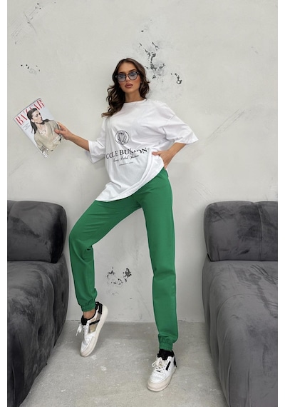 WeShaya Kadın Beyaz Yeşil Baskılı Lycra Oversize İkili Takım Beyaz