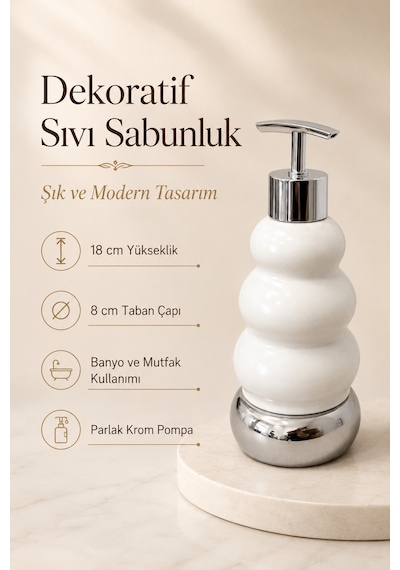 Trıo Dekoratif Premium 3 Boğumlu Sıvı Sabunluk 300 Ml Krom Görünümlü Pompalı Pastel Yeşil Banyo Ve Mutfak Sabun Dispenseri - 18,5 Cm X 7 Cm Beyaz