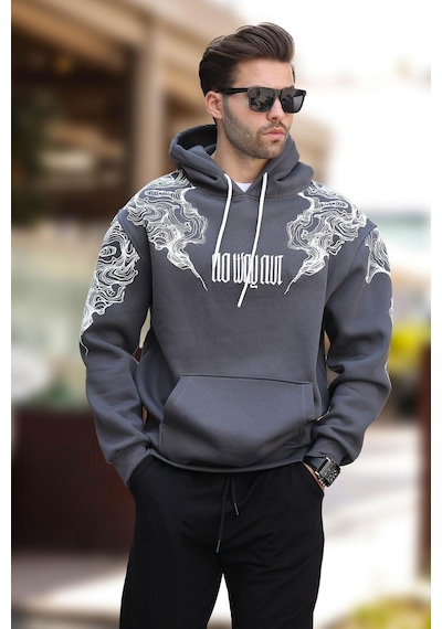 Madmext Füme Kapüşonlu Cep Detaylı Baskılı Erkek Sweatshirt 7052-füme Füme