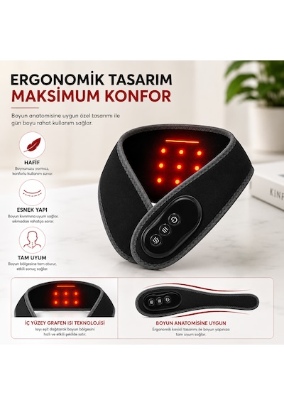Graphene Isı Teknolojili Boyun Isıtıcı Masaj Aleti 5 Kademeli Isı Ayarı 3 Kademeli Titreşim Usb Şarjlı Kablosuz Boyun Destekleyici Siyah