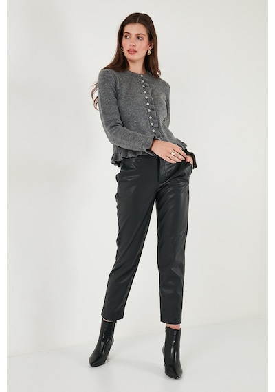 Lela Premium Pile Detaylı Regular Fit Yuvarlak Yaka Triko Bayan Hırka 680Hi00038 Antrasit