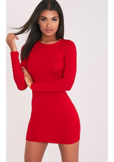 Uzun Kollu Mini Kırmızı Elbise - Aıaı-865689 Çok Renkli