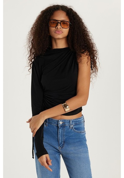 Tudors Kadın Slim Fit Dar Kesim Tek Kollu Yandan Bağcık Detaylı Siyah Bluz-33454 Siyah