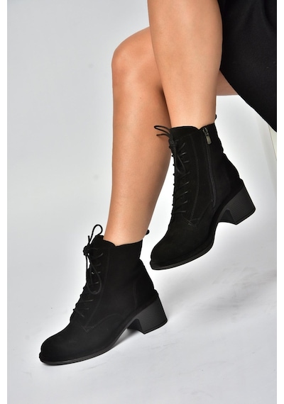 Fox Shoes Z555670602 Siyah Hakiki Deri Süet Kalın Topuklu Kadın Bot