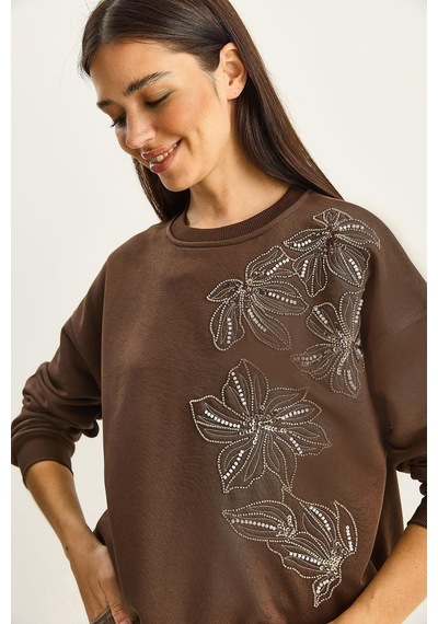 Shade Kadın Bisiklet Yaka Çiçek Boncuk İşlemeli Relaxed Sweatshirt 1572 60283809 - Kahverengi
