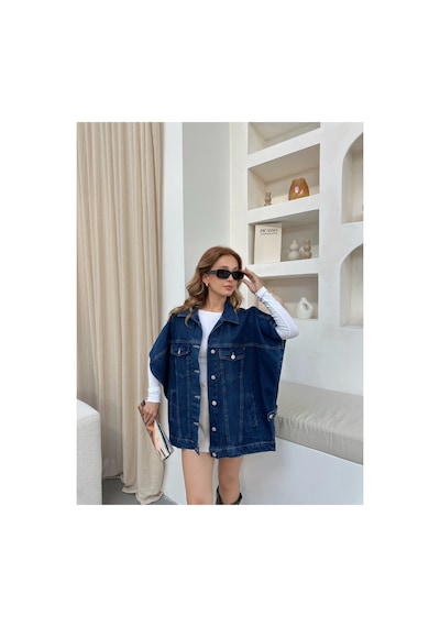 Kene Jeans Kadın Lacivert Panço Oversize Kot Yelek Lacivert