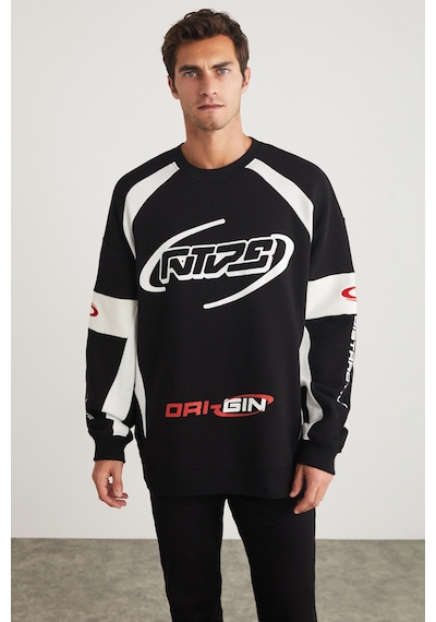 Grımelange Breez Erkek Organik Pamuklu Oversize Parçalı Spor Baskı Detaylı Bisiklet Yaka Siyah Sweatshirt