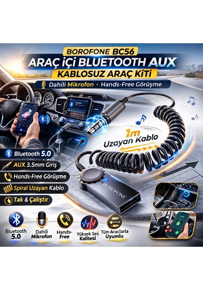 Borofone Bc56 Araç İçi Bluetooth To Aux 3.5mm Çevirici Araç Kiti Mikrofonlu