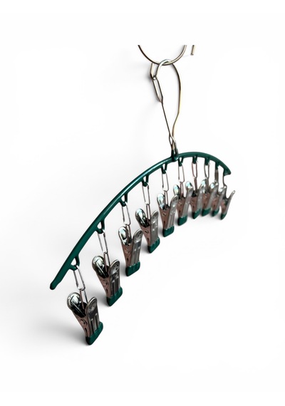 Çoklu Şal Askısı, Metal Mandallı Şal Askısı, 10 Mandallı Çorap Askısı, Çamaşır Askısı, Haki Yeşil, 1 Adet