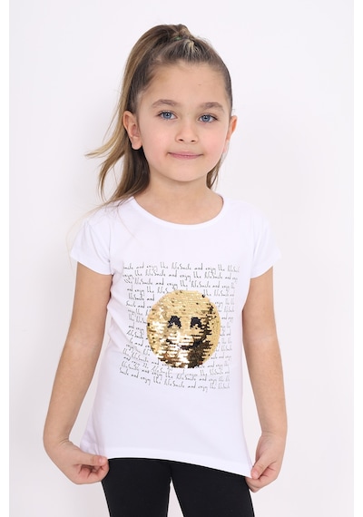 Toontoy Kids Toontoy Kız Çocuk Gülen Yüz Pullu Nakış Tişört Beyaz