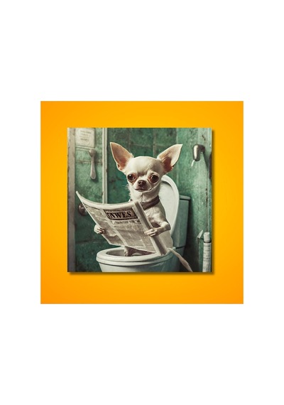 Tekli Kare Kanvas Banyo Tablosu Gazete Okuyan Beyaz Chihuahua Köpek Kanvas Çok Renkli Çerçevesiz