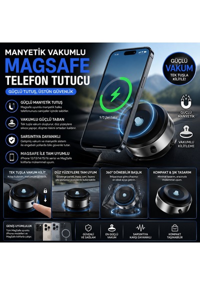 Premium Manyetik Mıknatıslı Araç İçi Telefon Tutucu Tüm Yüzeyler İçin Vakumlu Tutucu