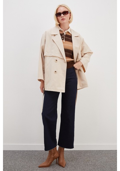 Fullamoda Pelerinli Kuşaklı Geniş Kol Oversize Trençkot Bej
