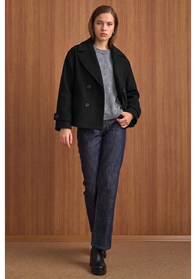 Olcay Ceket Yaka Oversize Kısa Kaban Siyah 3204
