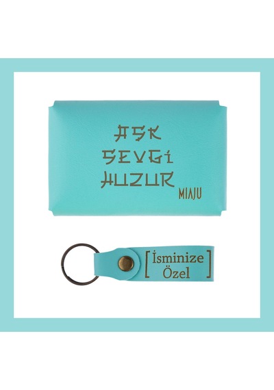 Miaju Turkuaz, Aşk Sevgi Huzur Yazılı İsme Özel, Cüzdan Ve Anahtarlık Set, Sevgiliye Hediyelik Sürpriz Turkuaz