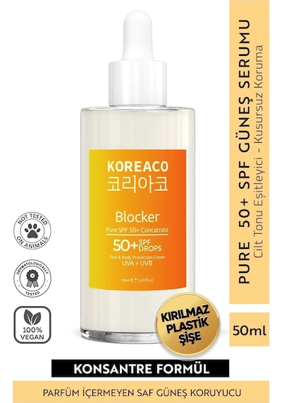 Koreaco Blocker %100 Saf SPF 50+ Suya Dayanıklı Yüksek UVB+UVA Korumalı 50ml Güneş Serumu