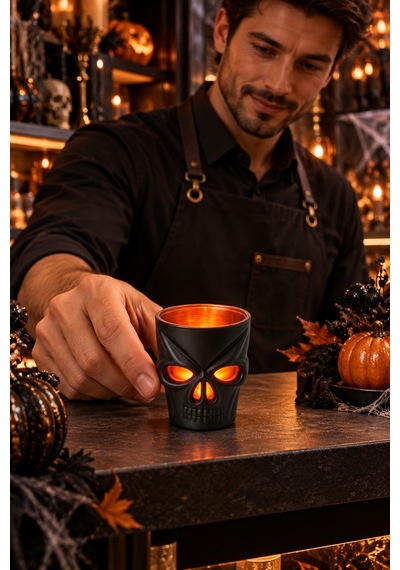 Led Işıklı Kuru Kafa Bardak Halloween Cadılar Bayramı Siyah Turuncu Kafatası Dekoru 7 Cm Renkli