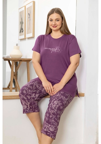 Aydoğan Kadın İnci Büyük Beden Menekşe Kapri Pijama Takım 0067 Mor