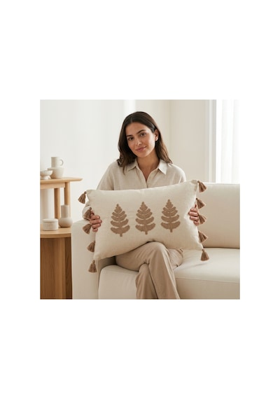 Buldan İşi Ağaç Motifli Kabartmalı Punch Nakışlı Püsküllü Pamuk Gizli Fermuarlı Dikdörtgen Kırlent Kılıfı 35x55 Cm Vizon