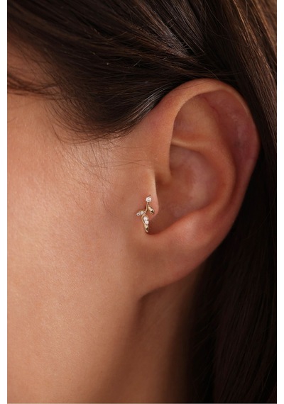 14 Ayar Altın Taşlı Dallı Yaprak Tragus Küpe