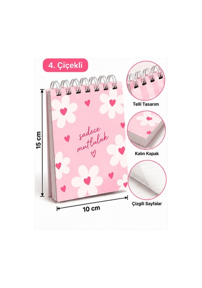 Çiçekli Model-15 10 Cm Spiralli Bloknot 40 Yaprak-80 Yaprak Çok Renkli
