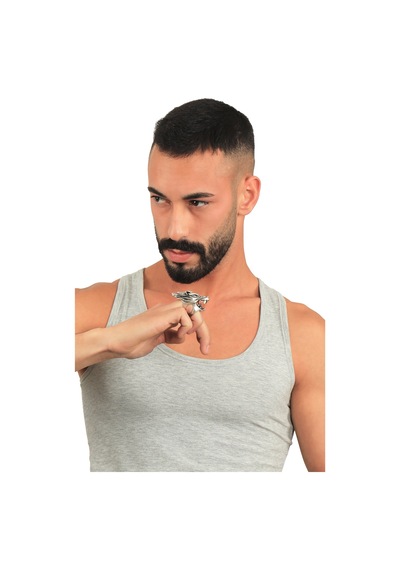 Erkek Antik Gümüş Kaplama Oynar Başlı Ayarlanabilir Kurt Yüzük Gümüş
