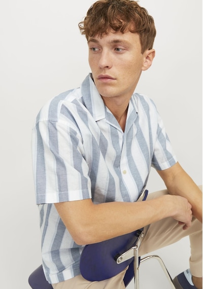 Jack & Jones Erkek Keten Karisimli Çizgili Gömlek - Ccsummer 12251116 Captains Blue Mavi