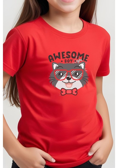 Fyk Kids Kız Çocuk Basic Awesome Boy Baskılı T-shirt Kırmızı
