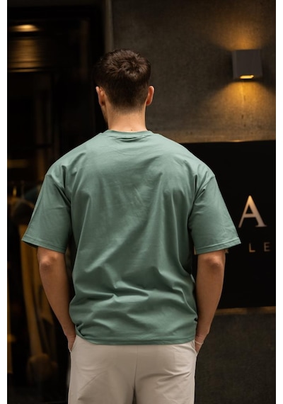 Gravel Oversize Bisiklet Yaka Pamuklu T-shirt - Su Yeşili Su Yeşili