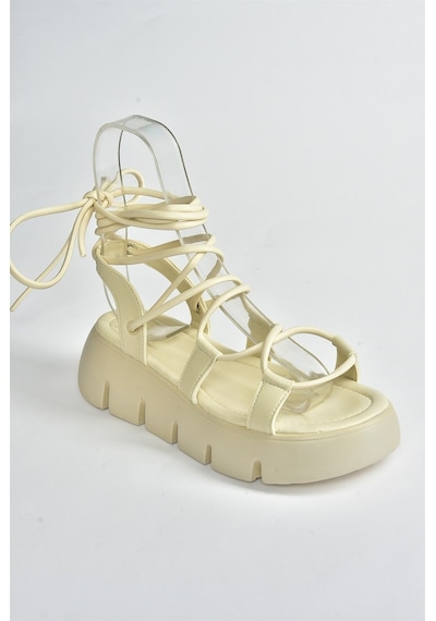 Fox Shoes Bej Kalın Tabanlı Bilekten Bağlamalı Kadın Sandalet M267083009 Bej